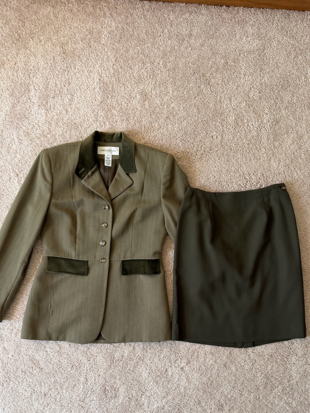 Jones New York Olive Green Women's Skirt Suit with Velvet Trim